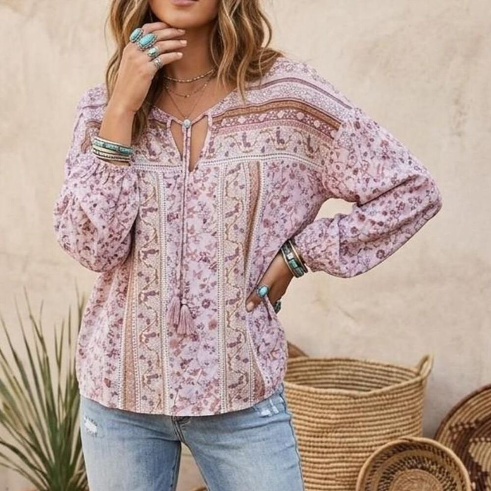 Lovestitch Boho Floral Print Peasant Blouse Top Small western desert chic